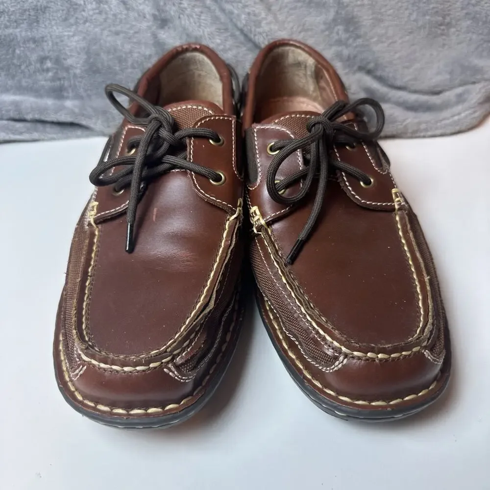 Jos. A. Bank Mens Brown Leather Boat Loafer Shoes Lace Up Rubber Sole SlipOn 9.5